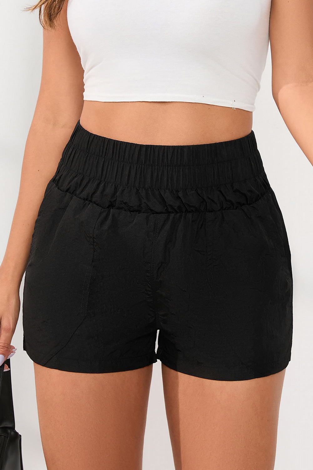 Black Elastic Side Pockets High Waist Shorts
