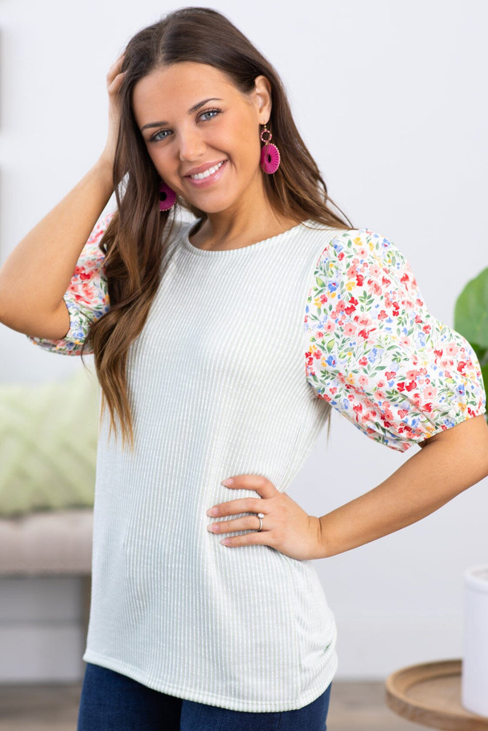 White Contrast Floral Puff Sleeve Ribbed Plus Size Blouse