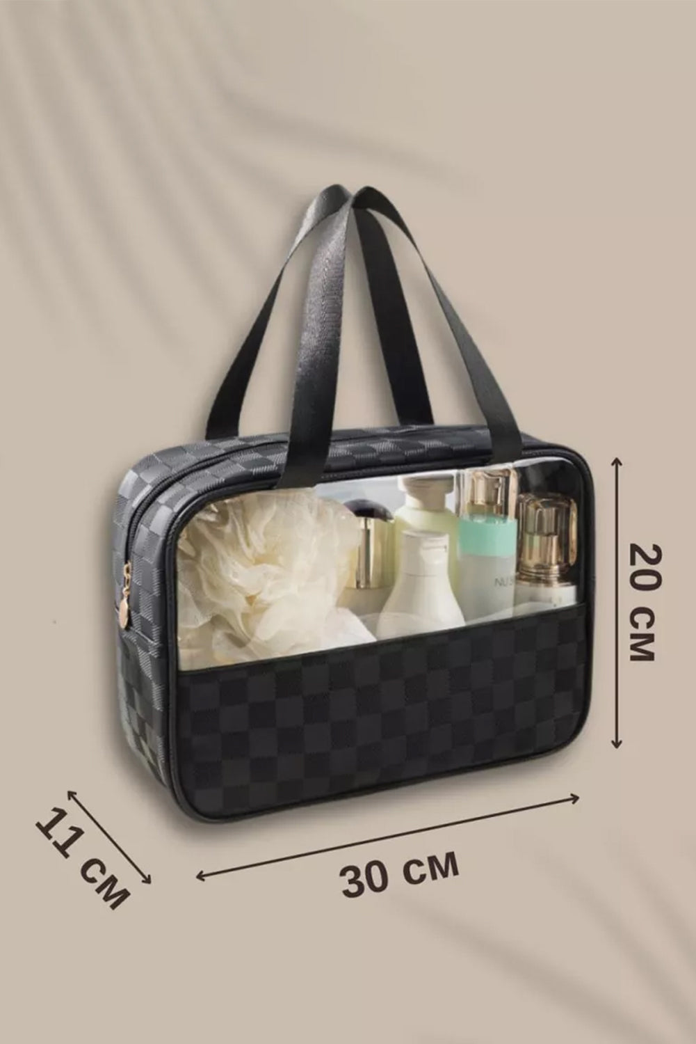 Black Checkered PVC Clear Cosmetic Bag