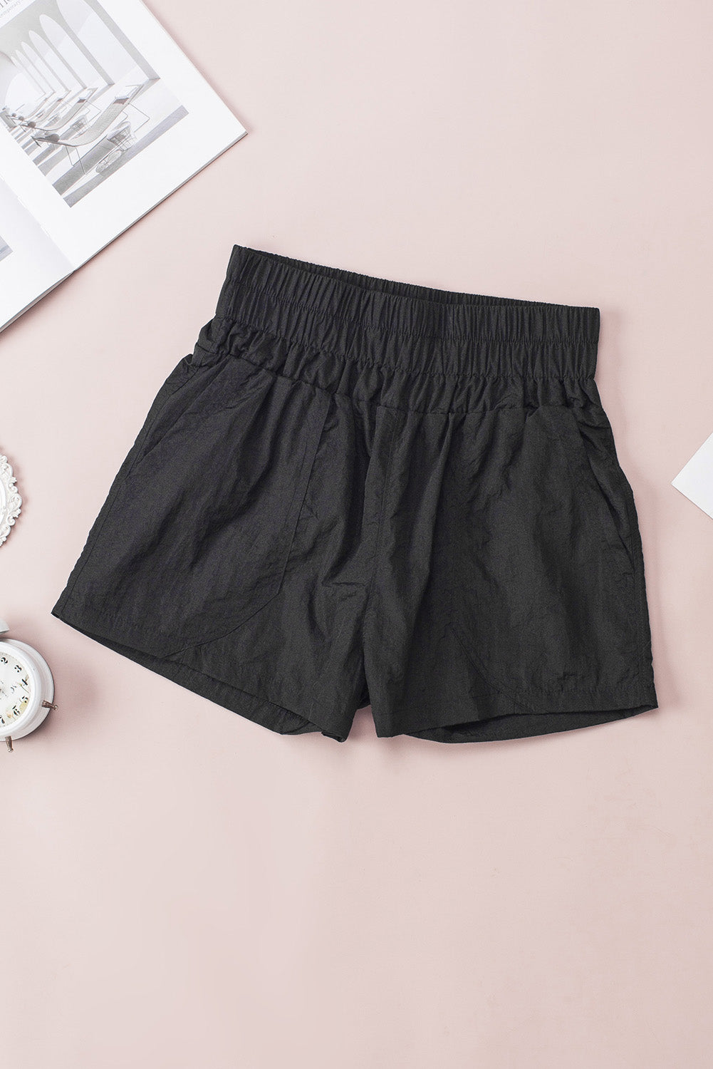 Black Elastic Side Pockets High Waist Shorts