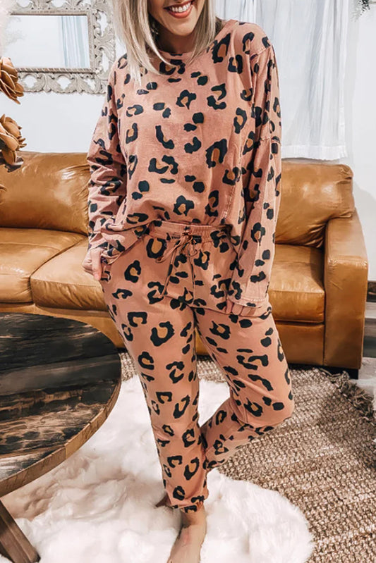 Apricot Pink Leopard Print Long Sleeve Top and Drawstring Pants Set