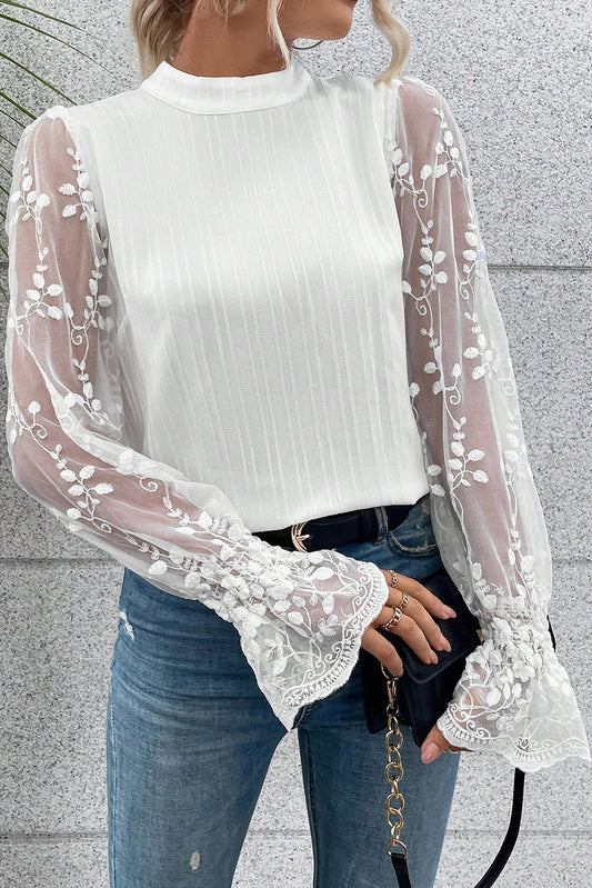 White Textured Contrast Lace Sleeve Mock Neck Blouse