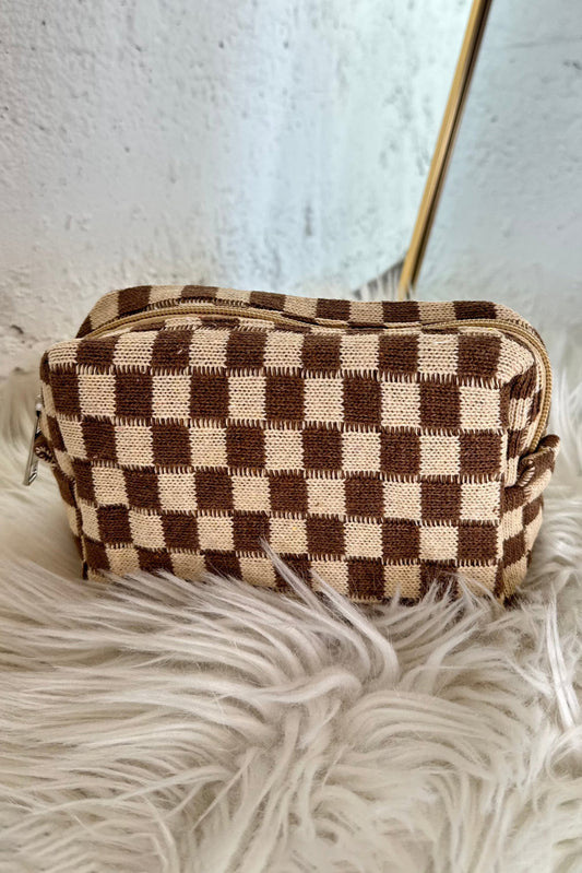 Light French Beige Checkered Knitted Zipper Makeup Bag