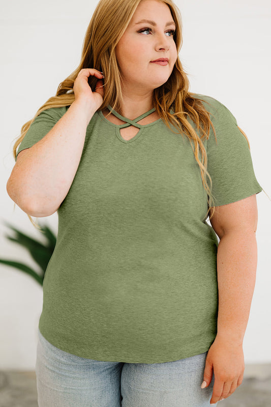 Army Green Casual Crisscross Ribbed Knit  Plus Size Tee