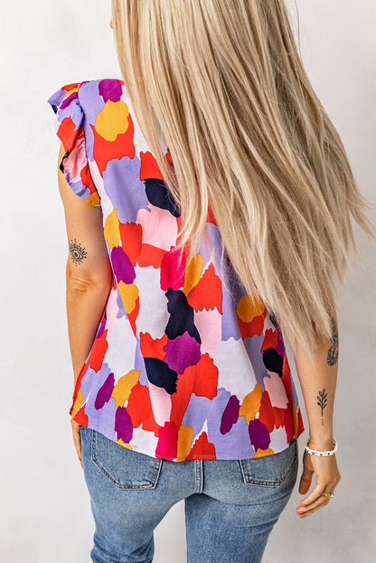 Multicolor Color Block Frill Neck Ruffle Sleeve Summer Top