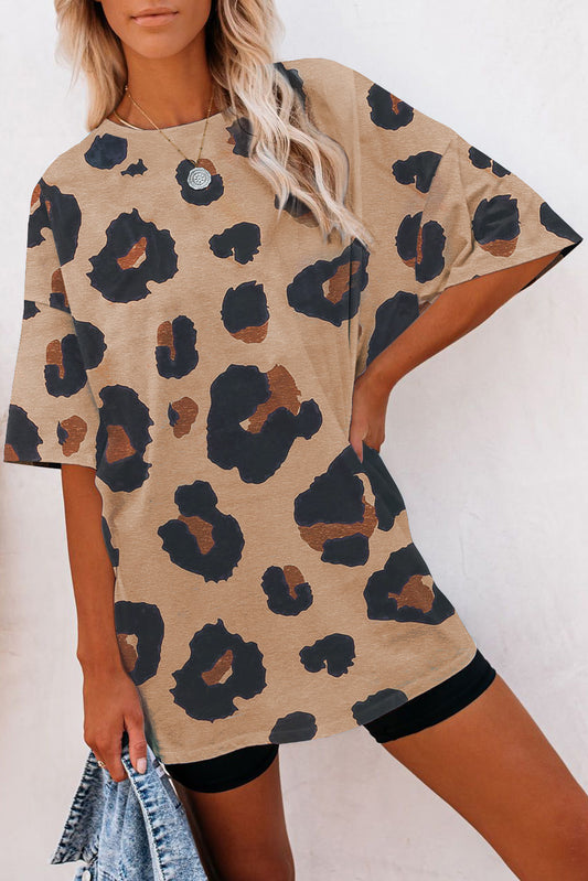Brown Cheetah Casual Oversized Boyfriend Style T Shirt