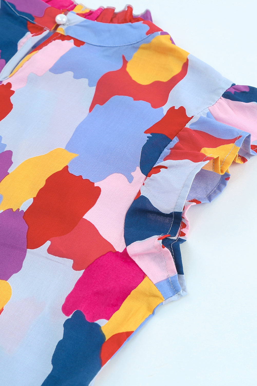 Multicolor Color Block Frill Neck Ruffle Sleeve Summer Top