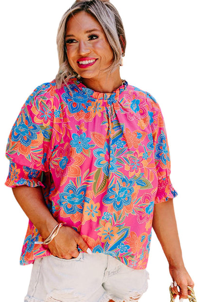 Rose Plus Size Floral Print Frill Neck Smocked Puff Sleeve Blouse
