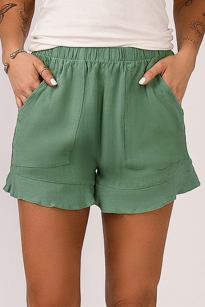Green Casual Pocketed Ruffle High Waisted Shorts