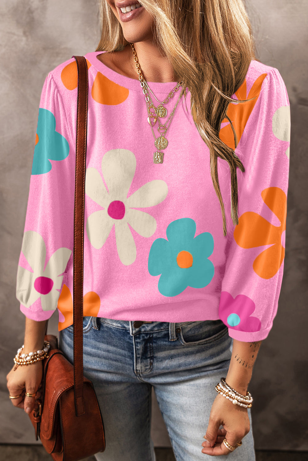Apricot Flower Print Ruched Bracelet Sleeve Top
