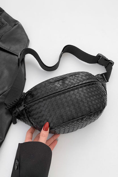 Black Woven Style PU Leather Large Crossbody Bag