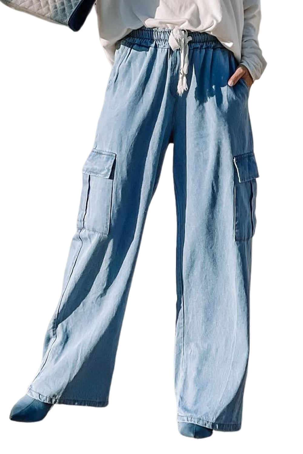Sky Blue Drawstring High Waist Cargo Pocket Wide Leg Jeans