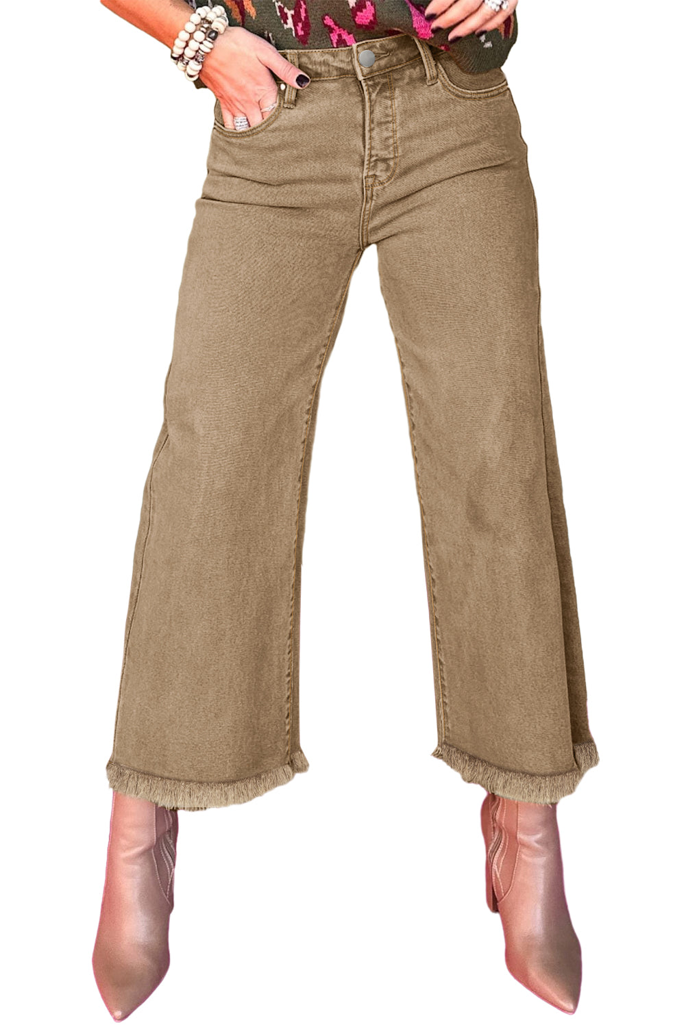 Light French Beige Acid Washed High Rise Cropped Jeans
